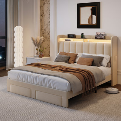 Upholstered Platform Bed Frame With Wingback Design Headboard, Charging Station, LED Lights and 2 Storage Drawers