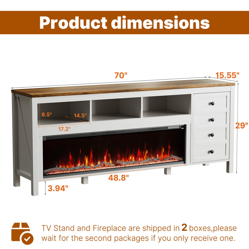 68 Inch Fireplace Tv Stand For Tvs Up To 75 Inch,farmhouse Entertainment Center With 50" Electric Fireplace,white Tv Console With Storage Cabinets For Living Room