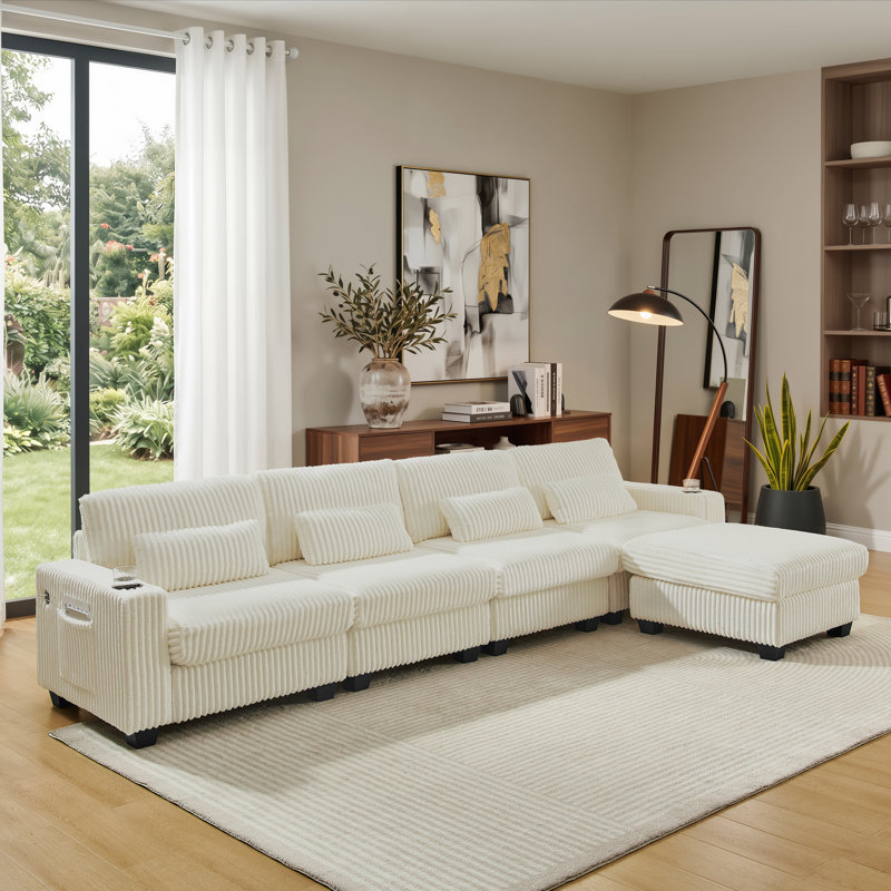 Canapé modulaire en L Corduroy avec repose-pieds détachable, accoudoirs latéraux doubles, poches de rangement intégrées et porte-gobelets, pieds de support en plastique robuste pour le salon - beige