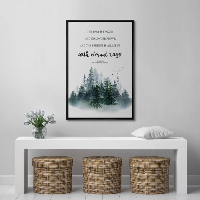 «Woodland Forest Landscape The Past Is Frozen», citation inspirante avec scène forestière, H 36 po x l 24 po x P 1,5 po, Noir