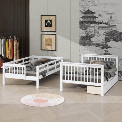 Full-Over-Full Bunk Bed For Bedroom, Equipped With Drawer, Storage Area, And Guard Rail On Stairway