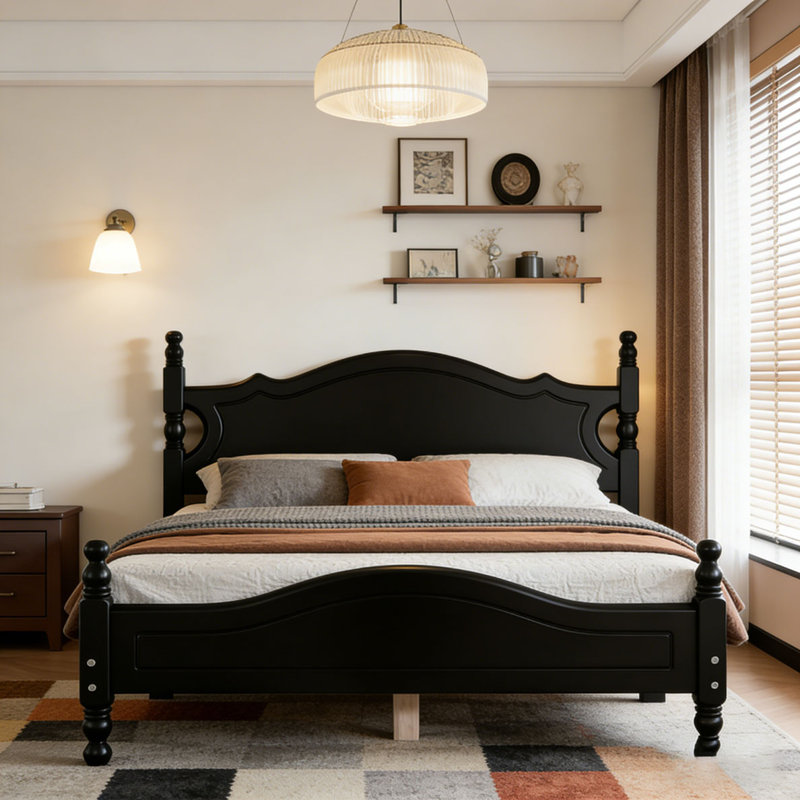 Base de lit plateforme en bois, lit plateforme de style rétro avec support en lattes de bois, Noir, Grand lit