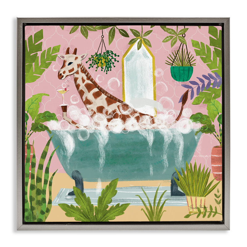 «Girafe Fun Bath Time», toile encadrée flottante noire par Farida Zaman, Cadre flottant gris lustré, H 25 po x l 25 po
