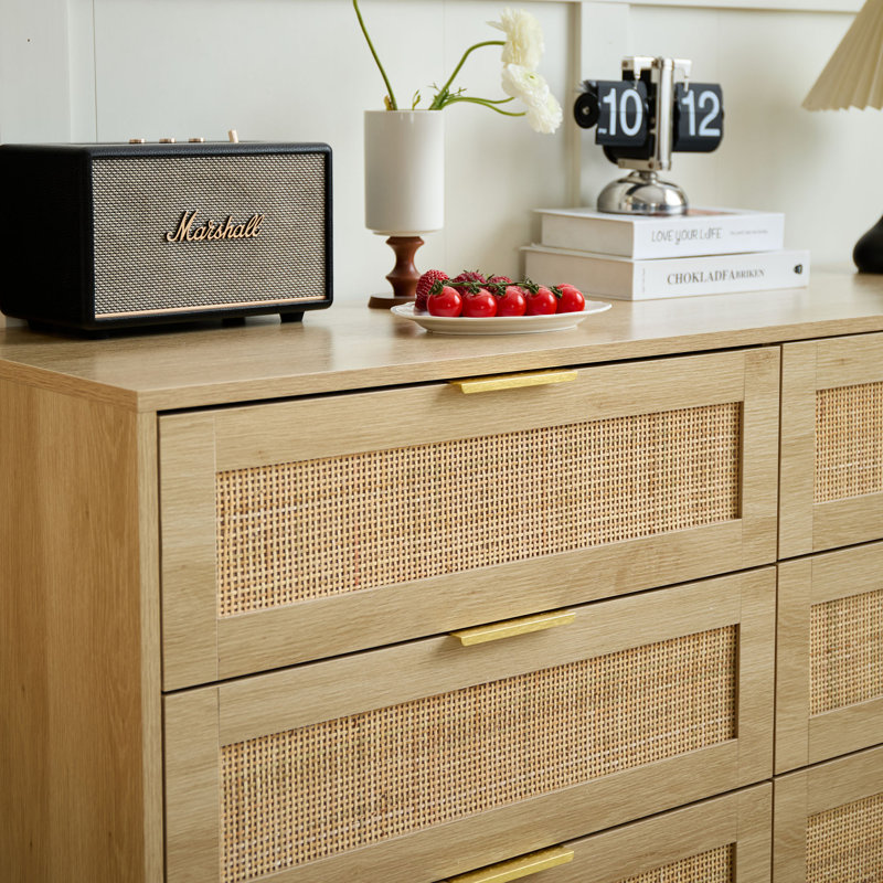 Aimara 51" Rattan 6 Drawer Dresser for Bedroom, Boho Wood Dresser with Gold Handles & Wood Legs