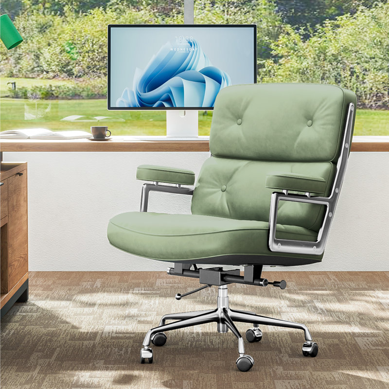 Fauteuil de direction en cuir véritable avec structure et roues en aluminium, fauteuil de bureau pivotant avec dossier épais et soutien lombaire ergonomique
