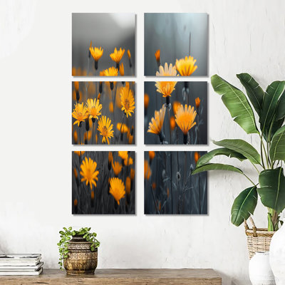 Monochromes jaunes et gris dans le vent - Ensemble de 6 impressions murales marguerites