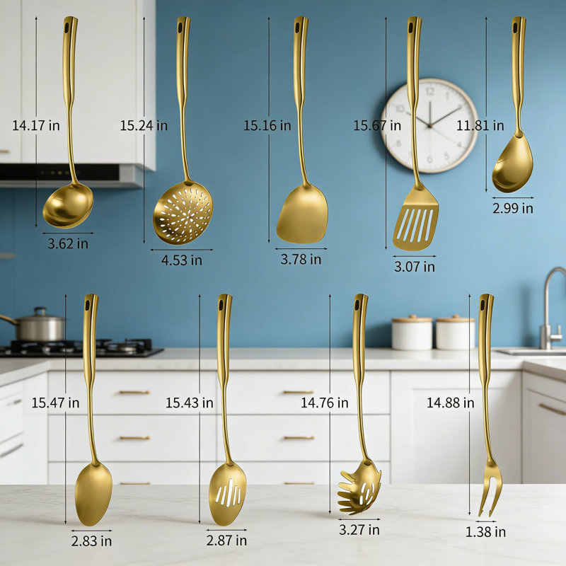 Ensemble 9 pièces d'ustensiles de cuisine en acier inoxydable 304 - Écumoire, louches, spatules, fourchettes et cuillères