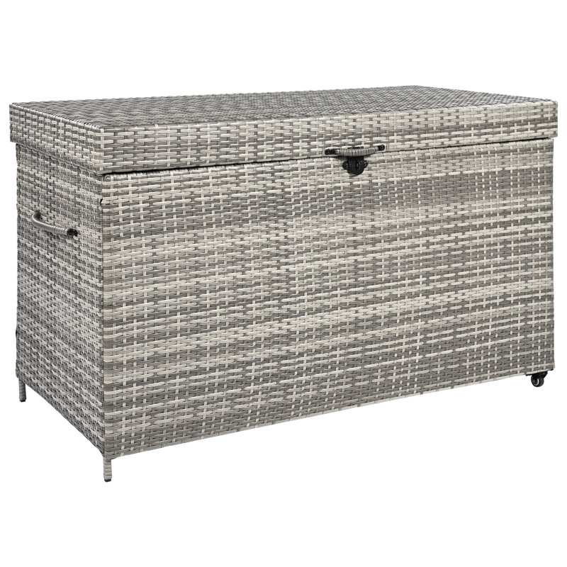 200 Gallon All-Weather Outdoor Storage Box, Wicker Deck Box With Wheels, Gray