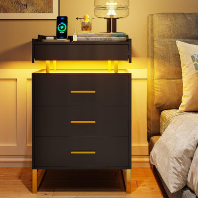 Novaly Solid + Manufactured Wood Nightstand,LED Nightstand with Charging Station, Night Stand with 3 Drawers and 1 Pull-Out Tray,LED Lights,Metal Legs
