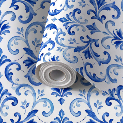 Peel and Stick Wallpaper Contact Paper Portuguese azulejo tile Blue white gorgeous seamless Hand painted Self Adhesive and Removable 24in x 118in(60x300cm)