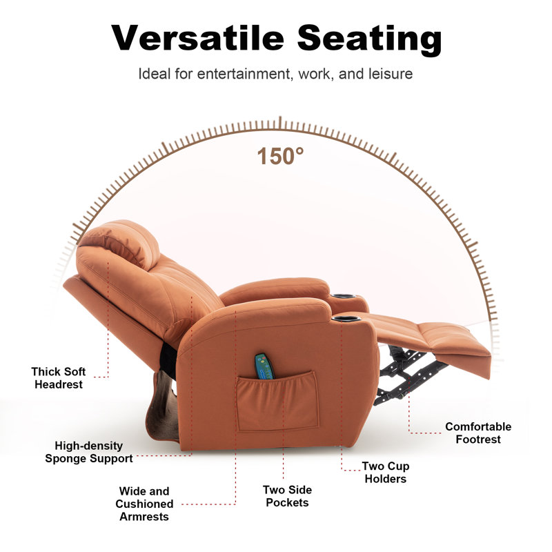 Orange Microfiber Swivel Recliner with Massage and Heat