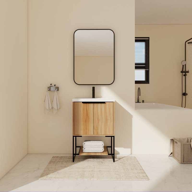 Meuble-lavabo simple autoportant avec plateau en résine 23,63 po Springboro, Érable, Noir mat