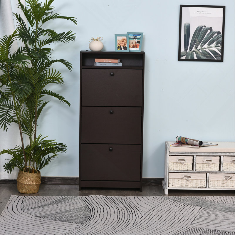 Armoire à chaussures mince, armoire de rangement à chaussures tendance avec 3 grands tiroirs rabattables et une surface supérieure spacieuse pour les petits articles, espresso