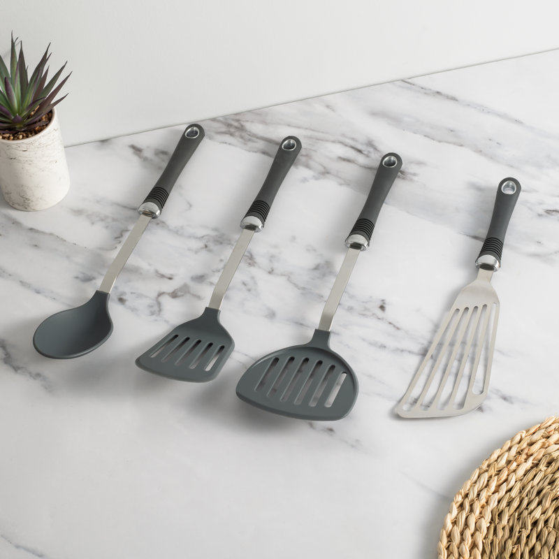KitchenCraft Professional Stainless Steel Kitchen Utensils, 4pc Set Including Fish Slice, Slotted Turner, Food Turner and Cooking Spoon with Soft Grip Handles