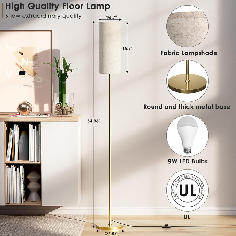 Lampe sur pied moderne avec télécommande - ampoule DEL à intensité variable de 9 W à intensité variable, température de couleur et luminosité réglables, télécommande et interrupteur au pied, base robuste, assemblage facile pour le salon, la cha