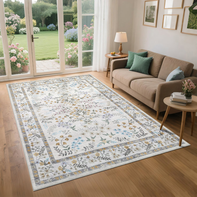 Modern Floral Machine Washable Rug for Living Room, Farmhouse Flower Soft Non Shedding Floor Covering with Non Slip TPR Backing, Indoor Foldable Low Pile Thin Mat