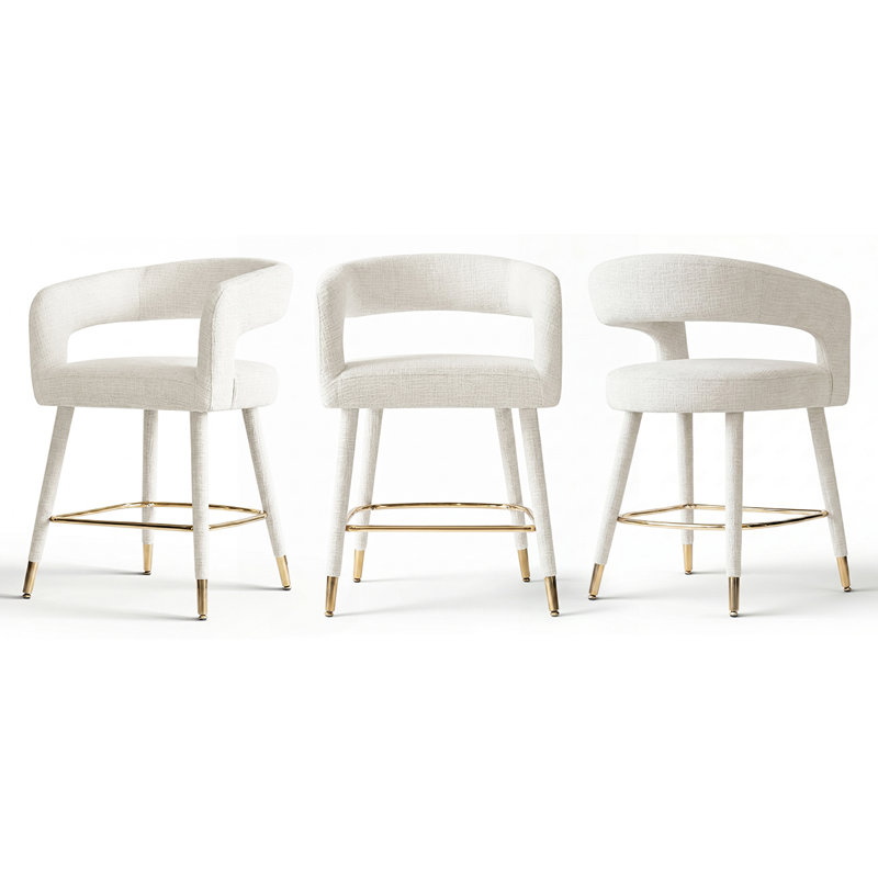 Ensemble de 3 tabourets de bar 24 po à hauteur de comptoir rembourrés avec repose-pieds doré, Offwhite