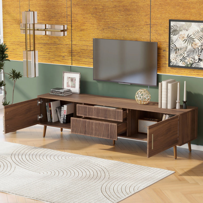 Meuble télé avec 2 tiroirs, console multimédia pour téléviseur de 80 po ou moins, Brun