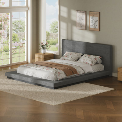 Cadre de lit flottant pour grand lit moderne avec tête de lit rembourrée, base de lattes en métal à profil bas, cadre rembourré anti-collision, aucun sommier requis pour la chambre à coucher