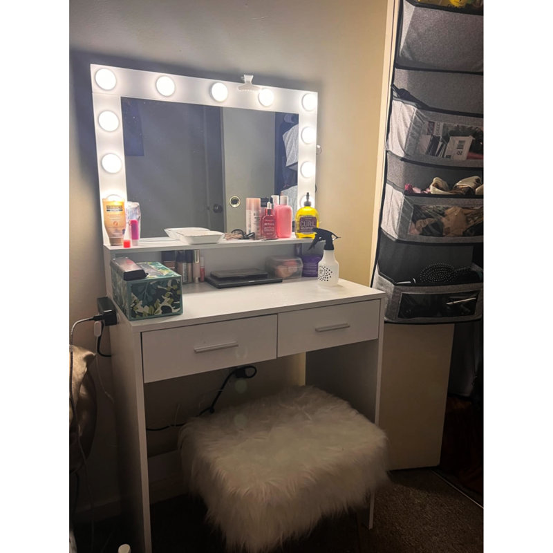 Meuble-lavabo blanc avec lumières, miroir et rangement à 2 niveaux, grand tiroir - meuble de rangement pour chambre à coucher, tiroir contemporain
