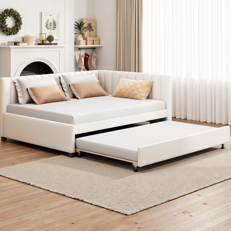 Space Saving Full Upholstered Daybed with Twin Trundle - No Box Spring Needed, Sturdy Wood Frame & Linen Fabric, Beige