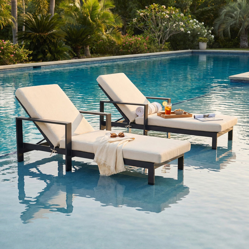 Chaise longue d'extérieur en aluminium 77,8 po avec coussins en oléfine Aden (ensemble de 2)