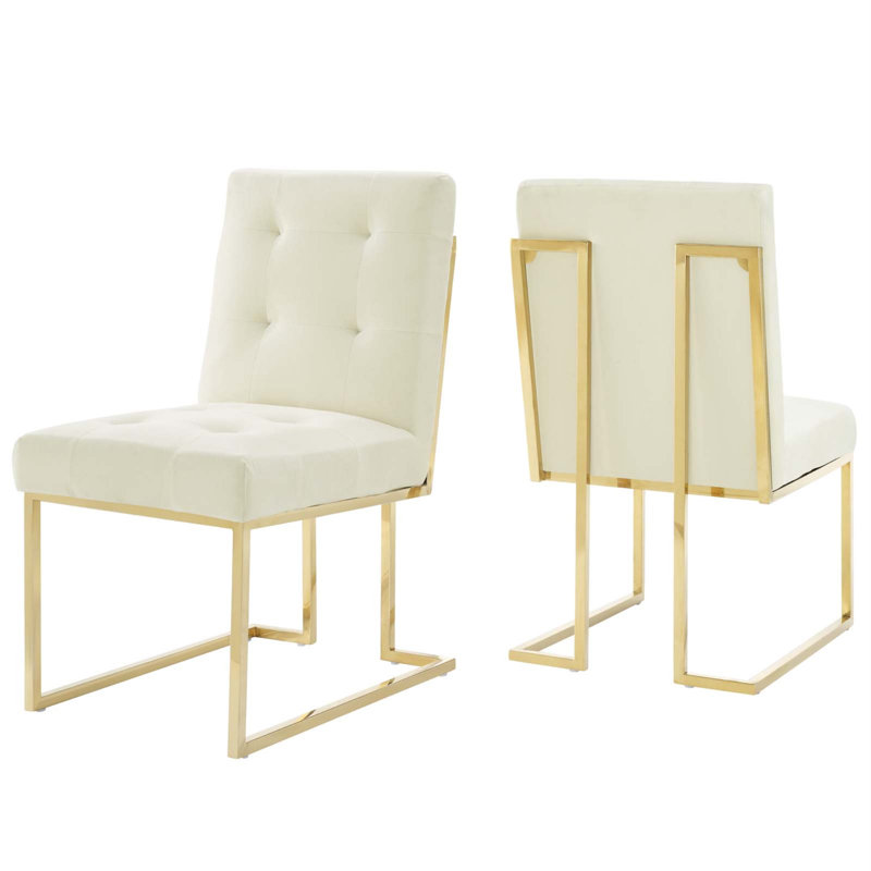 Privy Stainless Steel Upholstered Fabric Dining Chair, Ivory, Gold