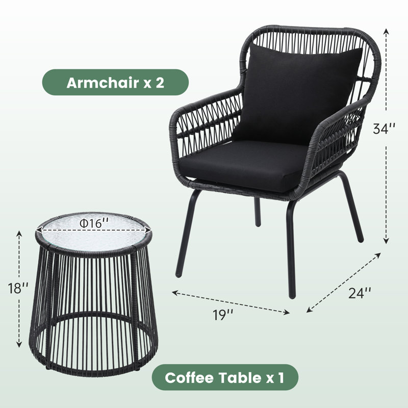 3 Pieces Rattan Wicker Outdoor Conversation Bistro Set,Black, Black Cushion/Black Frame
