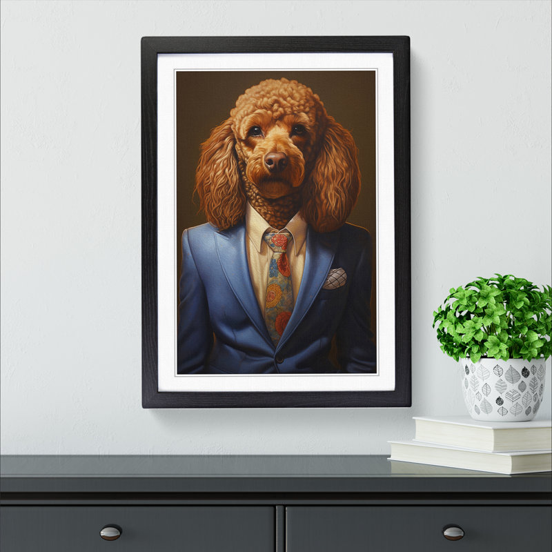 Poodle In A Suit - Single Picture Frame Print on Wood, 46cm H x 34cm W x 2cm D, Black
