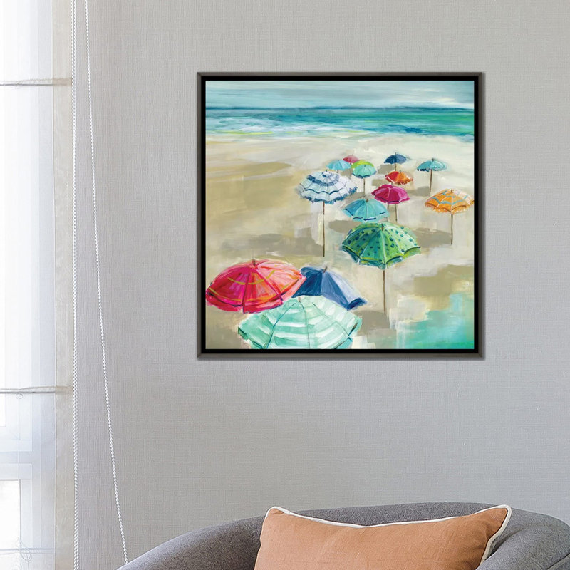 " Umbrella Beach I " by Carol Robinson, 26" H x 26" W x 1.5" D, Distressed Black Framed Canvas