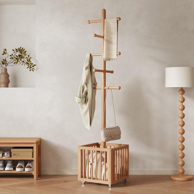 Portemanteau autoportant en bois massif avec 10 crochets, portemanteau sur pied naturel pour la chambre à coucher, le salon et le bureau, portemanteau en bois robuste pour vestes, sacs et chapeaux