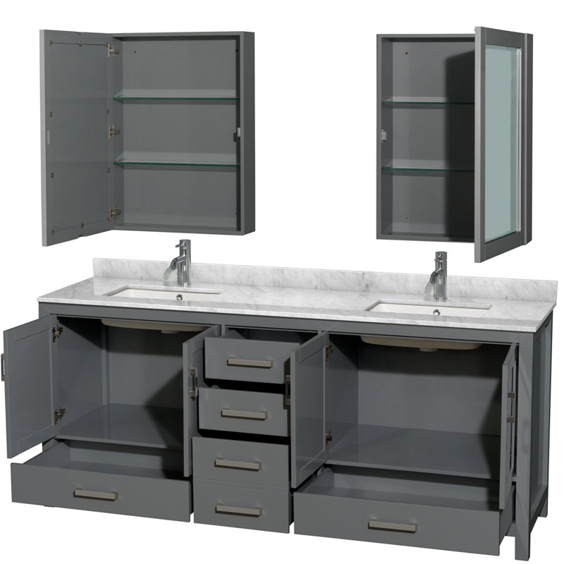 Double Vanity with Mirror, White Carrara Marble, Dark Gray, 80" W