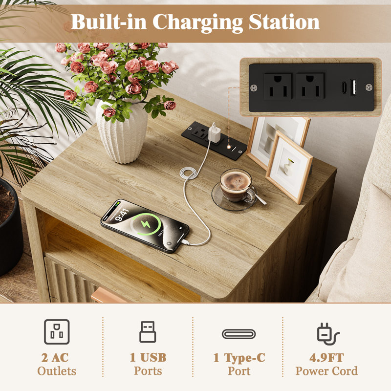 24" H Mid Century Night Stand with Charging Station, 2 - Drawer Storage Fluted Cute Bedside Table with Open Shelf, Curved Profile End Table for Bedroom, Living Room, Sofa and Office - 1 Pcs