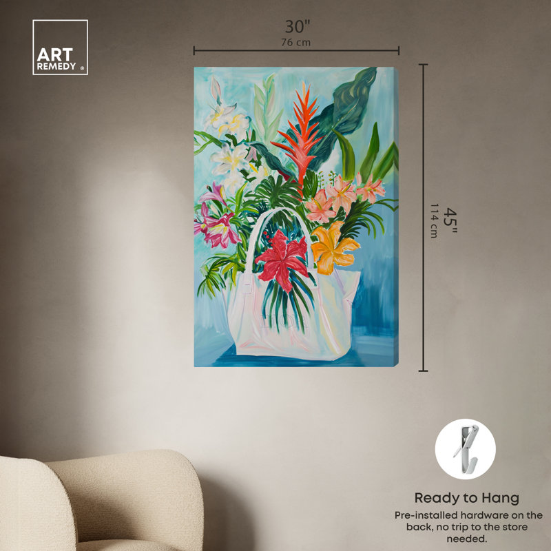 Large Tropical Flower Bag Canvas Art in Vibrant Colors