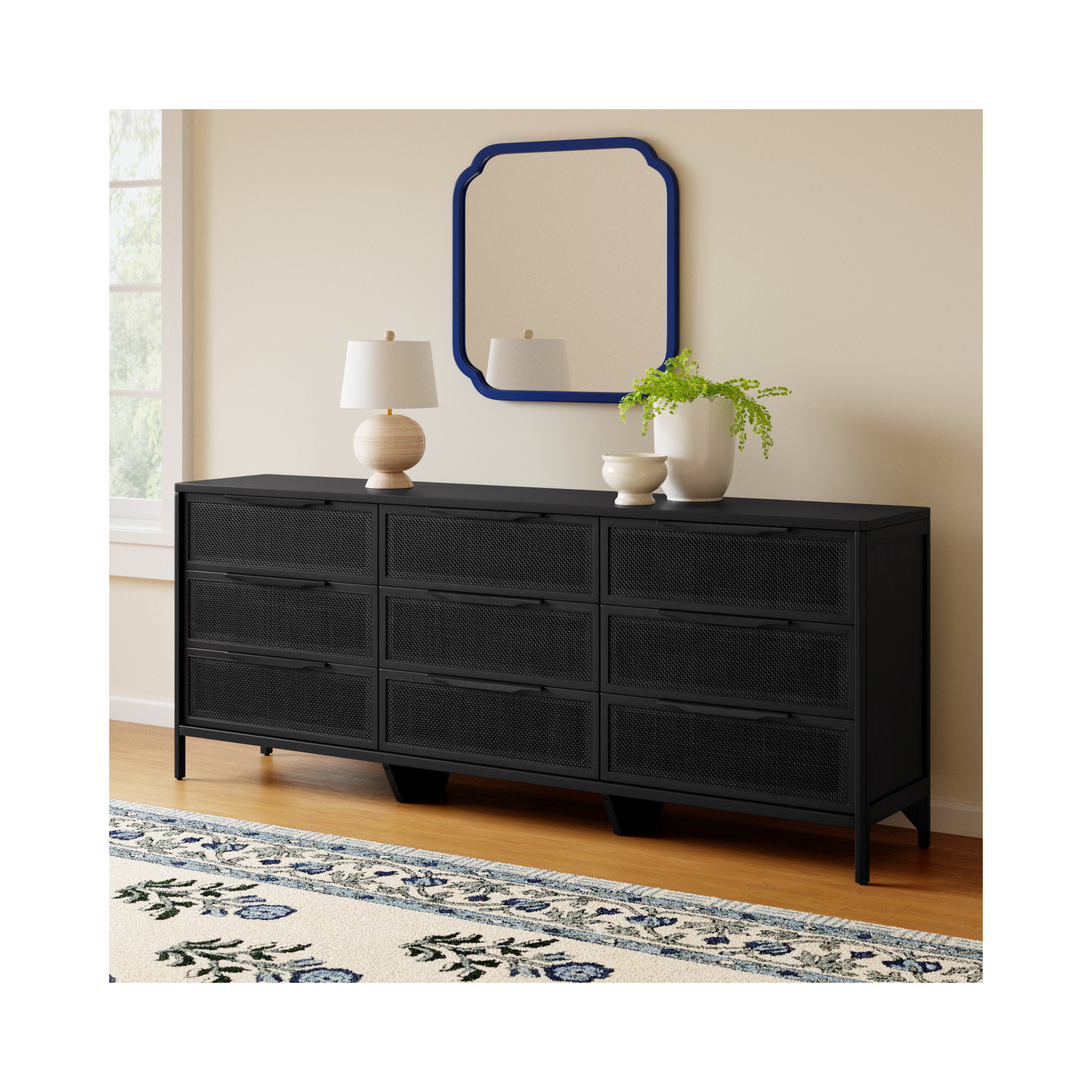 Nellie 9 Drawer Cane Dresser, Black