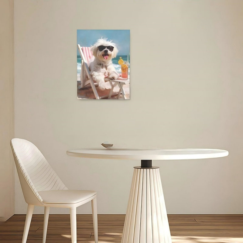 «Beach Maltese Dog», art mural sur toile sans cadre 24 po x 32 po
