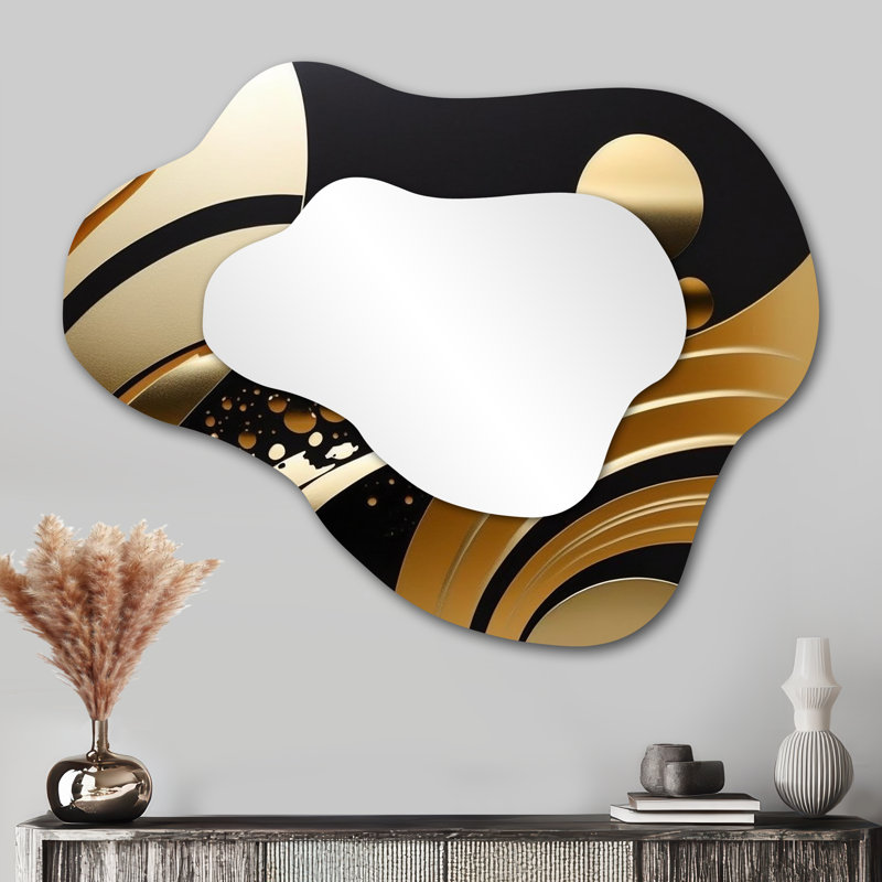 Verdale Golden Circular Universe IV - miroir unique géométrique nuage, grand miroir mural asymétrique noir, impression d'art en métal