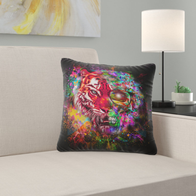  Coussin tête de tigre abstrait avec demi-crâne abstrait, 18 po x 18 po, Coussin décoratif