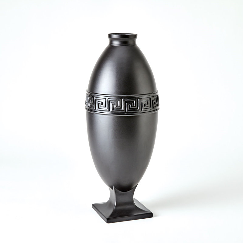 Greek Key Handmade Ceramic Table Vase, 22.5" H x 8.5" W x 8.5" D, Black
