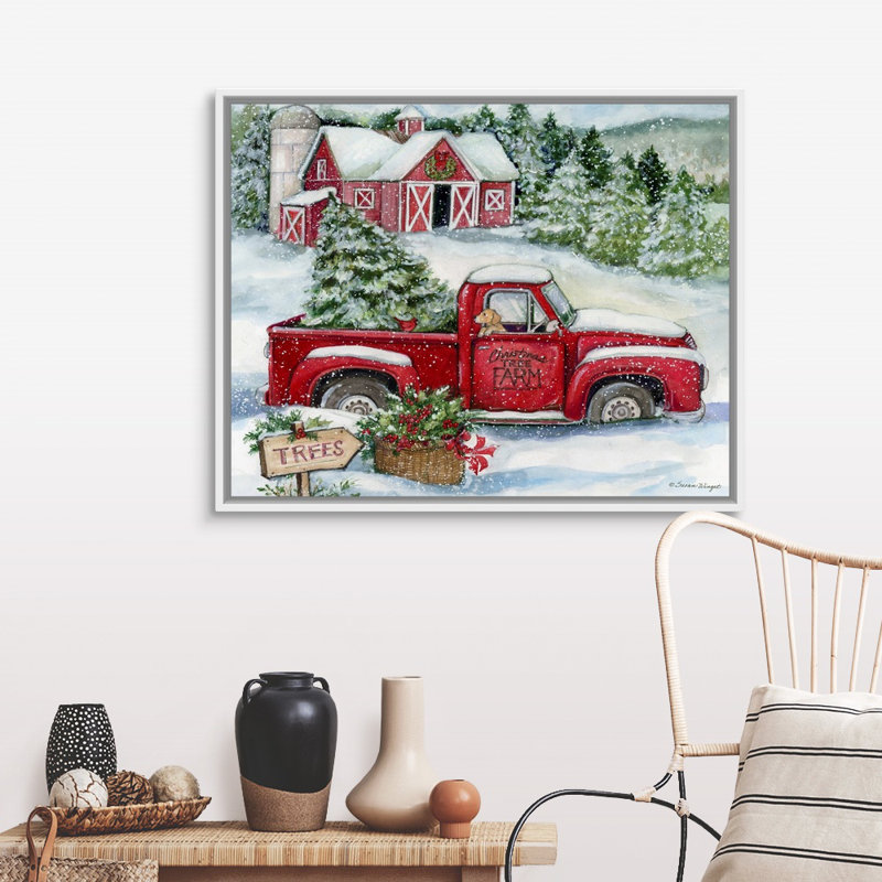 «Christmas Tree Farm» par Susan Winget - peinture sur toile tendue, H 17,25 po x l 21,25 po, Cadre blanc