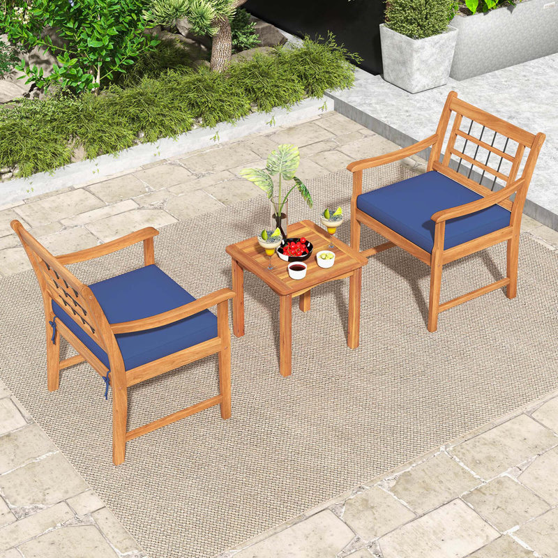 3 Pcs Acacia Wood Patio Bistro Set Outdoor Chairs With Coffee Table For Porch, Navy