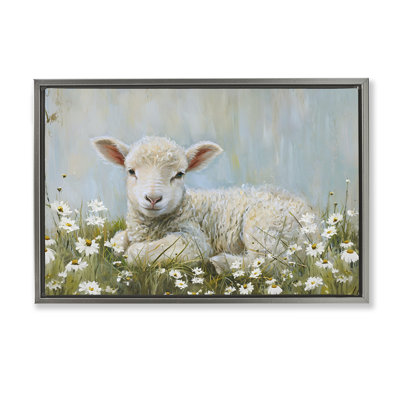 «Lamb Resting in Meadow», toile flottante encadrée noire par Petal Prints Design