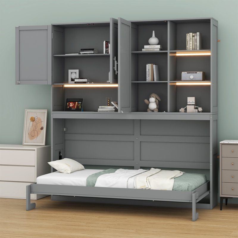 Lit escamotable mural avec armoire supérieure, tablettes, lit pliable peu encombrant avec éclairage et port USB, Gris