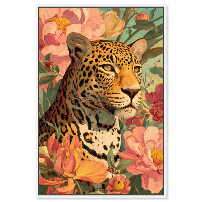 «Wild Cat in Bloom II», reproduction d'art sur toile encadrée par Art Remedy, cadre blanc, 16 x 24