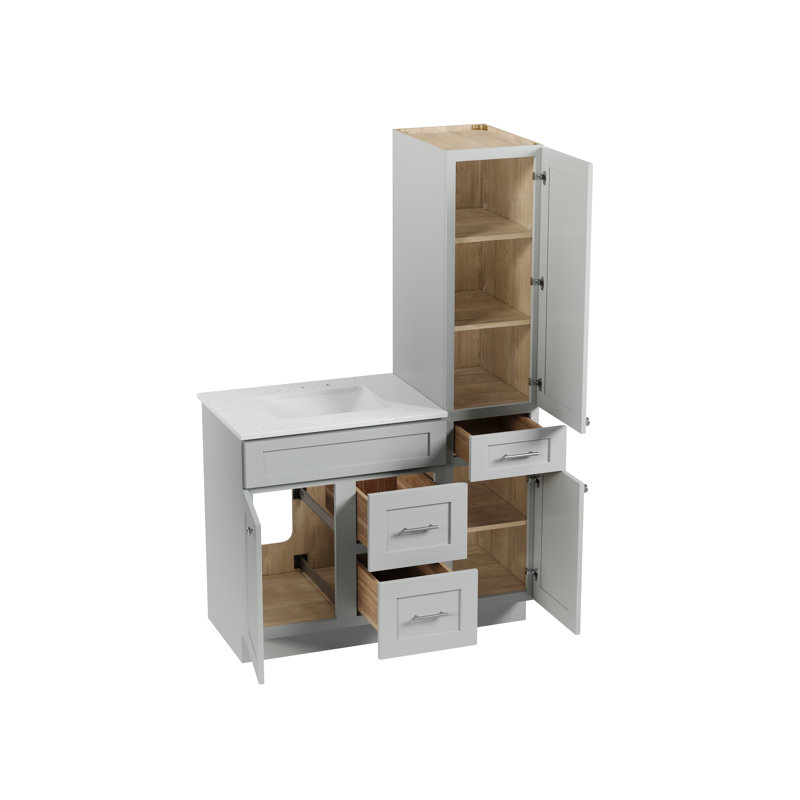 Meuble-lavabo simple autoportant 46 po avec armoire à linge haute droite, comptoir en quartz de Carrare, 3 tiroirs
