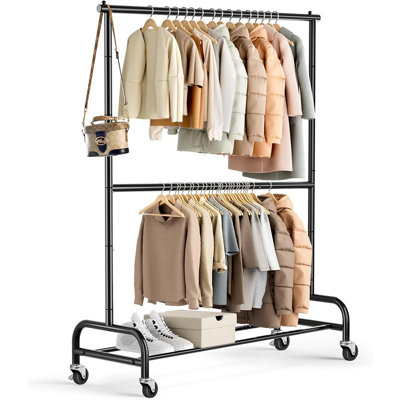 Heavy-Duty Double-Rod Garment Rack, Adjustable Rolling Clothes Organizer with Wheels, Black Metal