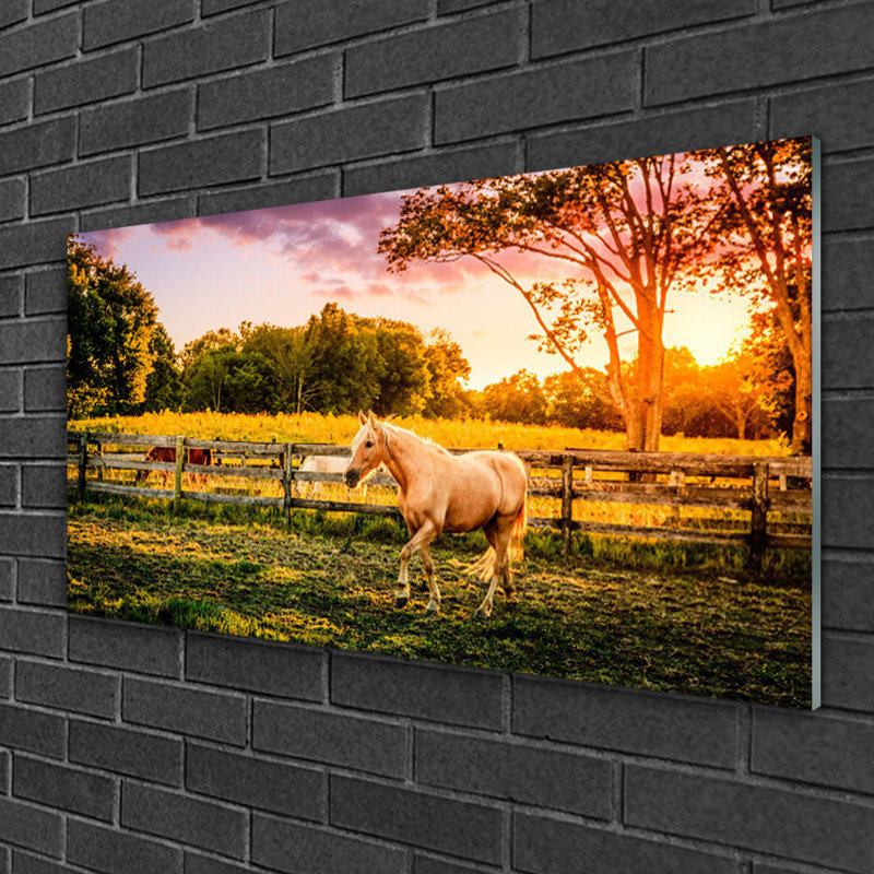 Glass Print Wall Art 100X50cm Image Printed On Glass Decorative Wall Picture Behind Toughened / Tempered Safety Real Glass For Kitchen & Living Room Theme: Horse Meadow Animals