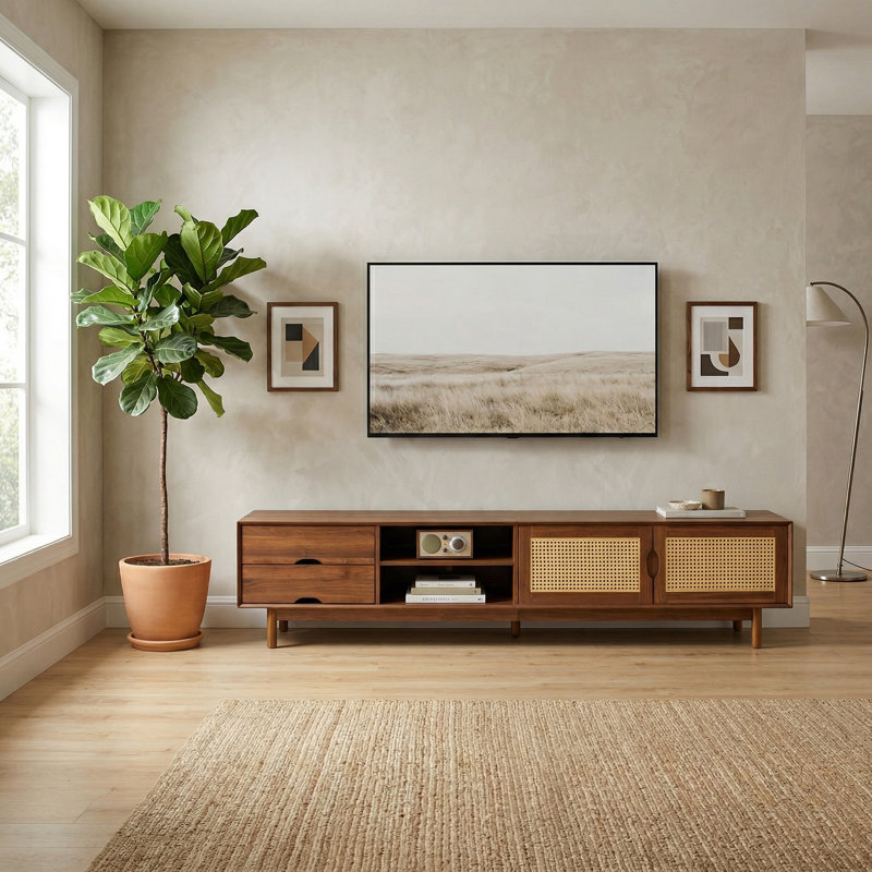 78 Inch Modern Rattan TV Stand For Tvs Up To 85 Inches, Trending Media Console With 2 Drawers & Solid Wood Legs