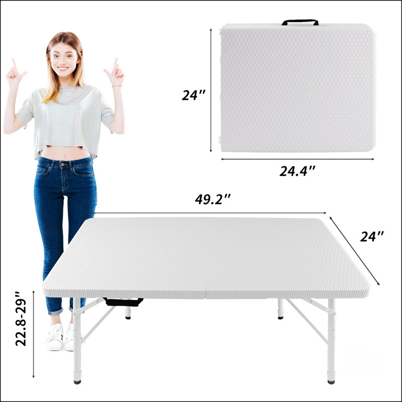 Rattan Folding Table For Indoor & Outdoor Use, Portable And Durable With Waterproof Top, White