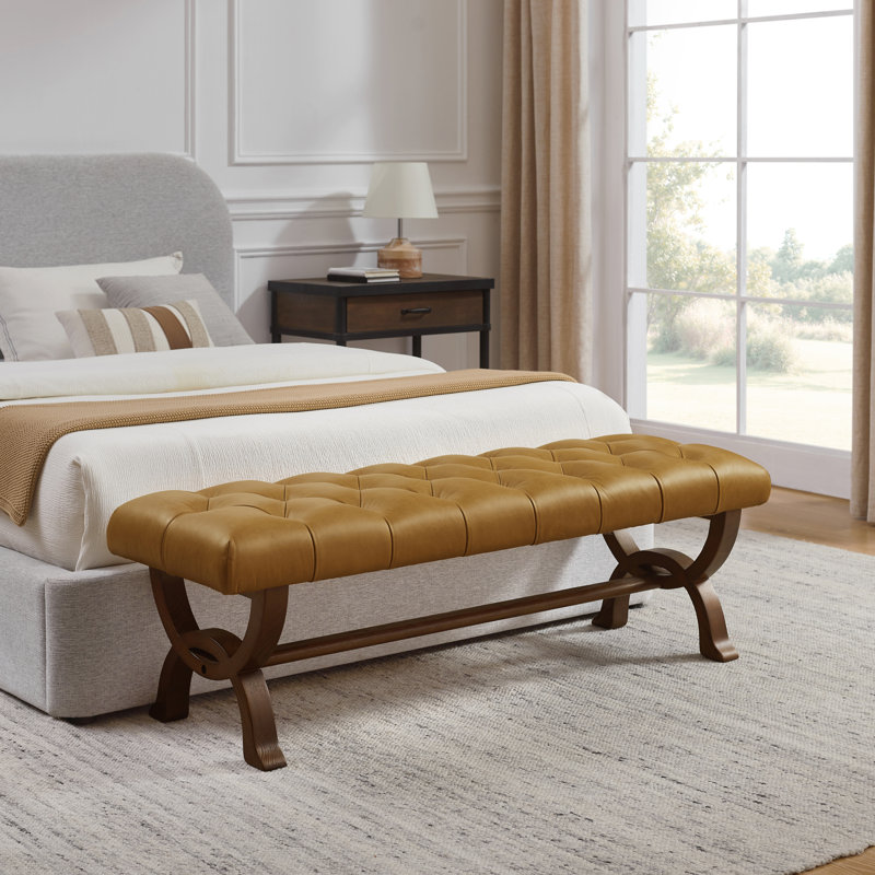 Herman 59.45 " W Tufted Full Grain Genuine Leather Upholstered Bench with Solid Ash Wood Frame, Light Brown